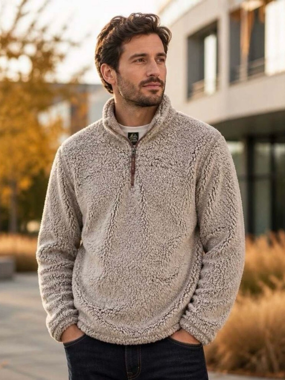 Men's Grizzly Sherpa Quarter-Zip Pullover Sweater - Taupe - Picture 2 of 8